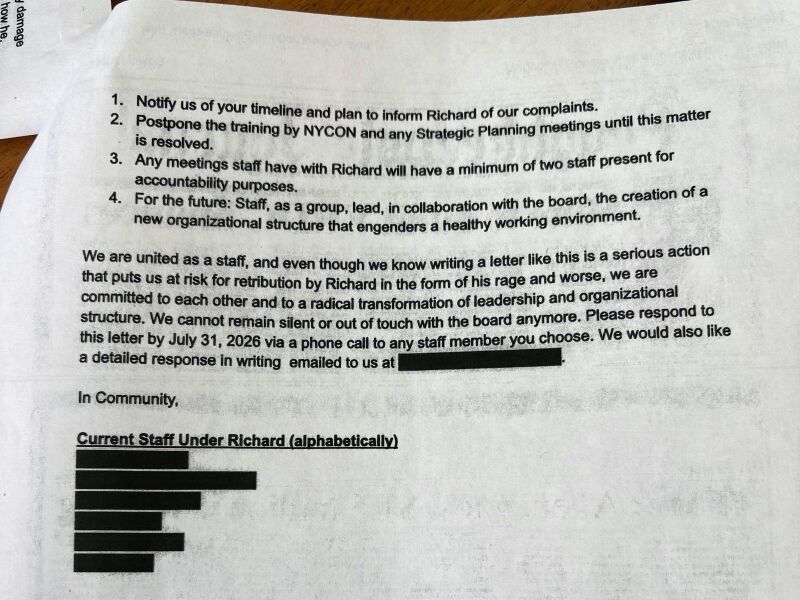 The closing of a letter handed out at Tuesday's gathering at Old Dutch Church.