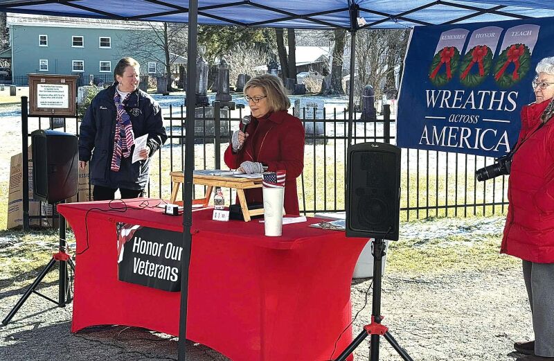 HONORING THOSE WHO SERVED Valorie Rittendale speaks at the Wreaths Across America ceremony at Roscoe’s Westfield Flats Cemetery in December 2024.